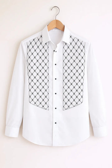 Men’s White Geometric Embroidered Panel Shirt