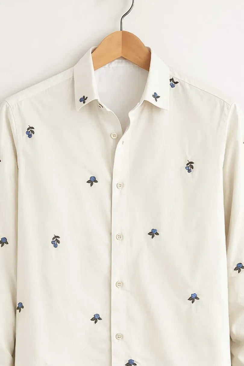 Men’s White Micro Floral Embroidered Shirt