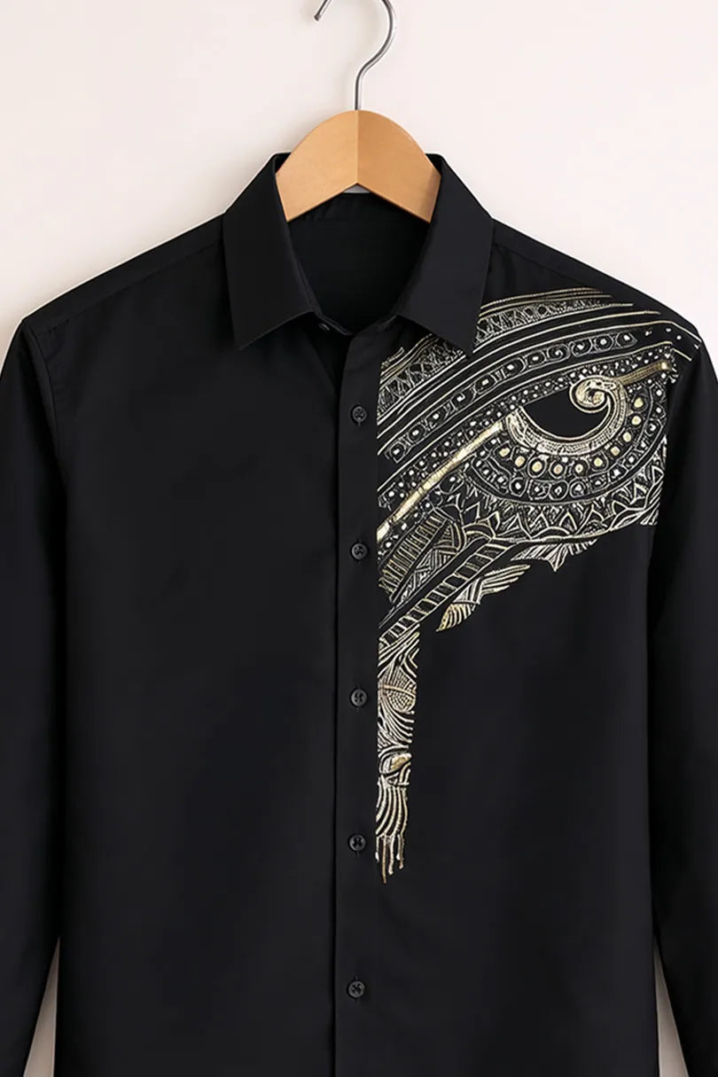 Men’s Black Ethnic Art Print Shirt