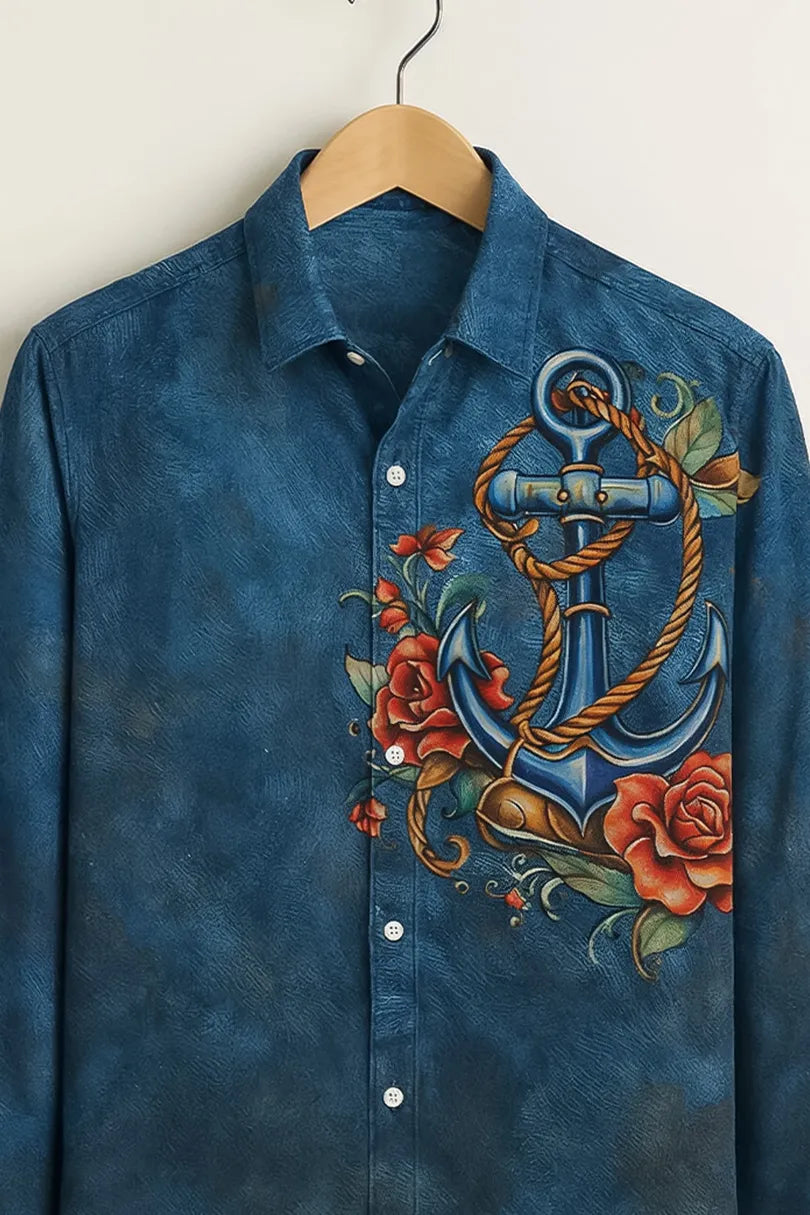 Men’s Navy Blue Anchor Art Cotton Shirt