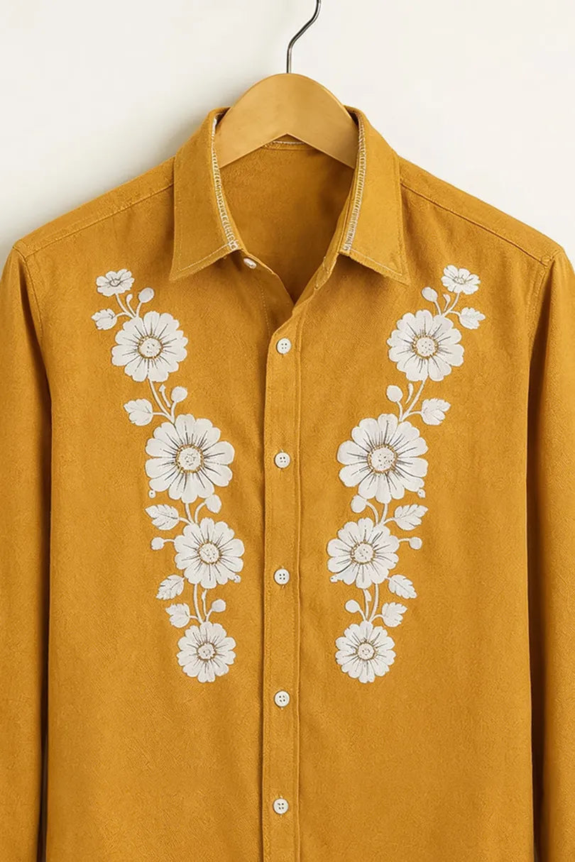 Men’s Mustard Floral Embroidered Cotton Shirt
