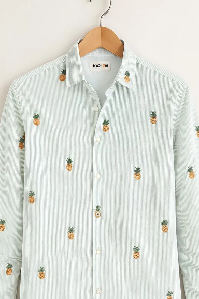Men’s Mint Pineapple Embroidered Cotton Shirt