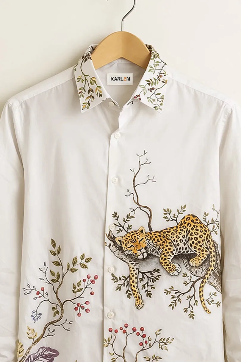 Men’s White Wildlife Printed Cotton Shirt