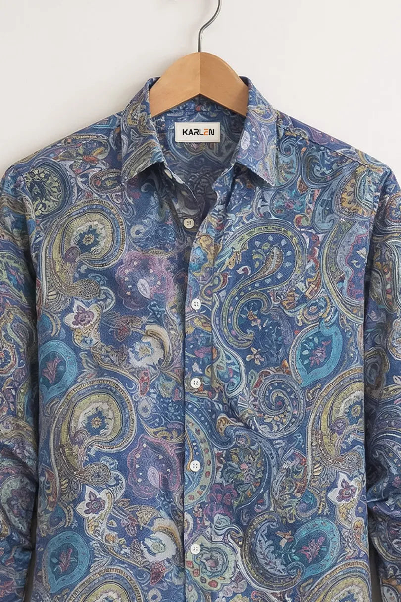 Men’s Blue Paisley Print Cotton Shirt