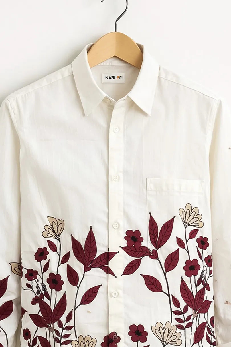 Men’s White Floral Embroidered Cotton Shirt