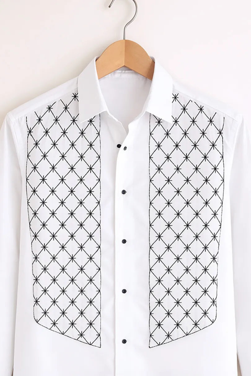 Men’s White Geometric Embroidered Panel Shirt