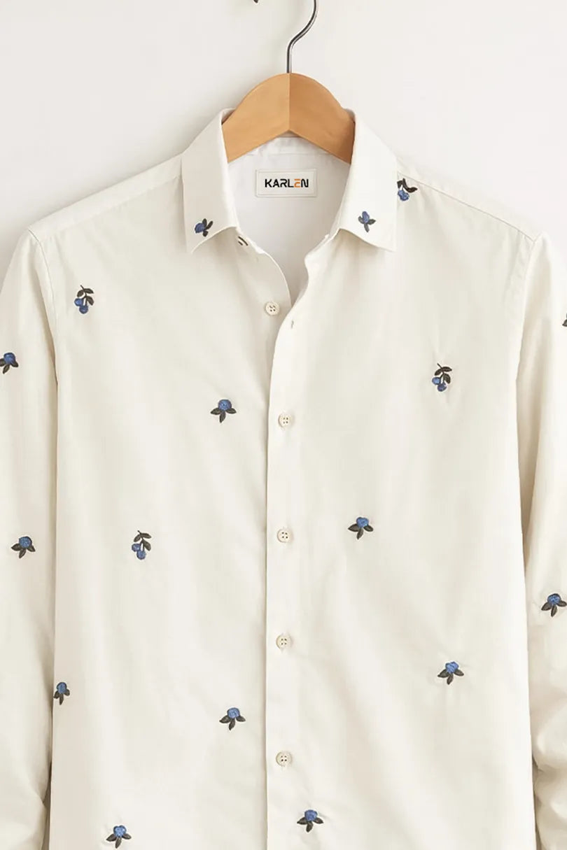 Men’s White Micro Floral Embroidered Shirt