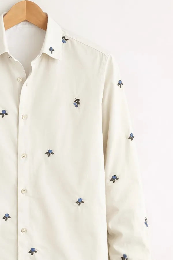 Men’s White Micro Floral Embroidered Shirt