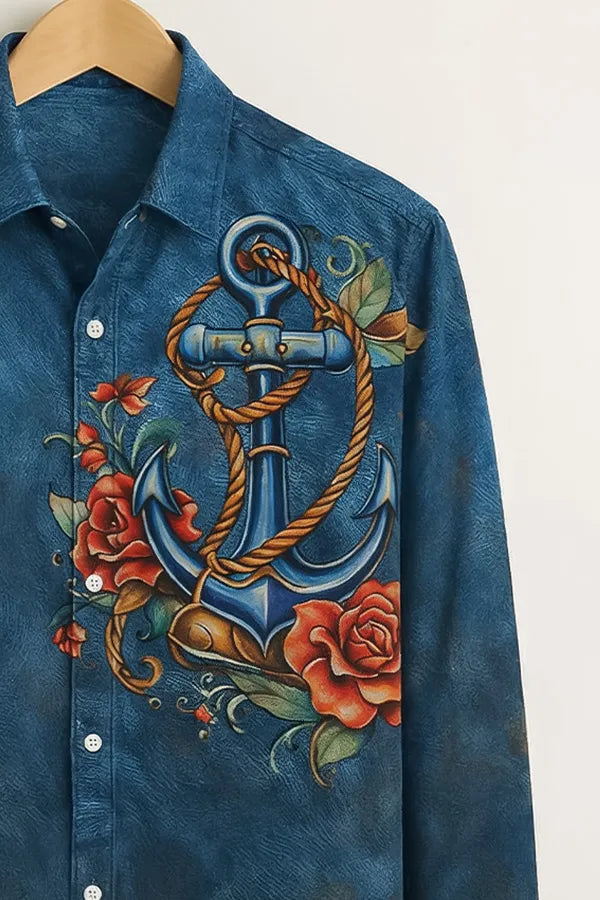 Men’s Navy Blue Anchor Art Cotton Shirt
