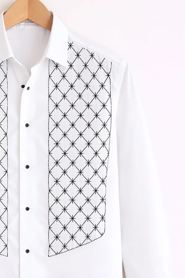 Men’s White Geometric Embroidered Panel Shirt