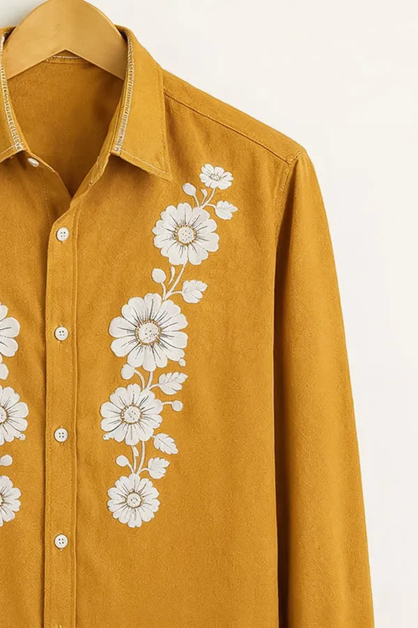 Men’s Mustard Floral Embroidered Cotton Shirt