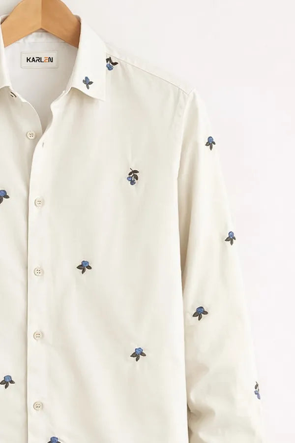Men’s White Micro Floral Embroidered Shirt